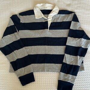 Brandy Melville Navy Blue & Gray Striped Varsity Cropped Polo Shirt One Size